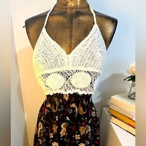 Floral Crochet Halter Top Maxi Dress Vintage